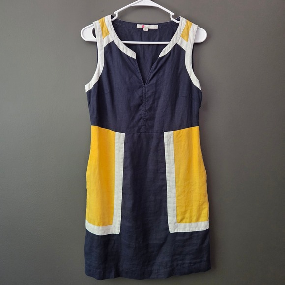 Boden Dresses & Skirts - Boden Navy Blue Yellow Sleeveless Colorblock 100% Linen Shift Dress V-Neck 4P